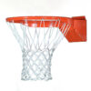 Basketball hoop with orange rim and white net attached to a backboard bracket against a white background.