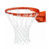 Orange basketball hoop with a white net mounted on a wall.
