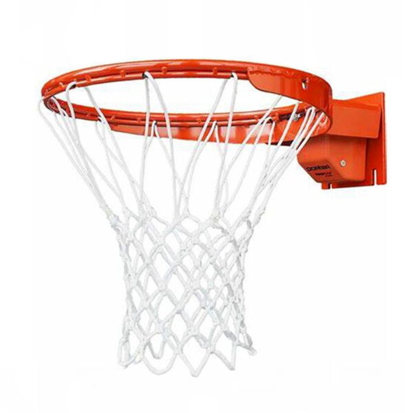 Orange basketball hoop with a white net mounted on a wall.