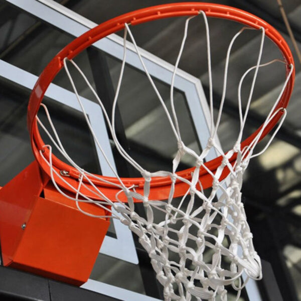Orange basketball hoop with white net attached to a backboard, seen from below.