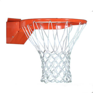 Orange basketball hoop with a white net mounted to a backboard bracket against a white background